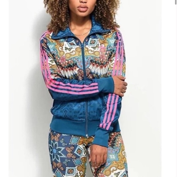 🦋NEW ADIDAS X FARM RIO BARBOMIX TEAL BLUE BUTTERFLY ZIP UP JACKET XS - Picture 4 of 7